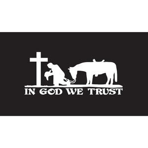 In God We Trust Cross Praying Cowboy & Horse Surface Die Cut Vinyl Decal Sticker
